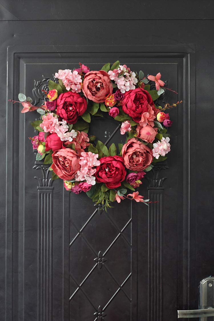 Artificial Flower Wreath for Front Door Burgundy Peony Faux Floral Wreath Spring Summer Garland for Door Wall Window Hanging Wedding Party Fistival Welcome Hello Wreath Home Decor