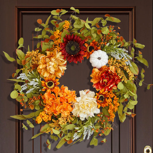 Fall Wreaths for Front Door, Soomeir Artificial Autumn Thanksgiving Wreath with Peonies Sunflowers Pumpkin Berries, Door Hydrangea Wreath for Outside Halloween Decorations, Fall Decor