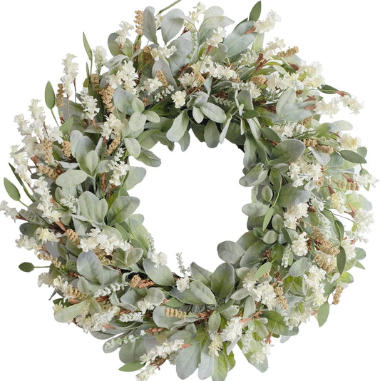 24 Inch Summer Spring Ivory Flowers Wreath for Front Door, Everyday Lamb Ears Leaves Wreath with White Artificial Flower for Indoor and Outdoor, Rustic and Farmhouse Greenery Flower Wreath