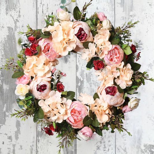 Peony Spring Wreath for Front Door, Handmade Pink Floral Door Wreath Artificial Spring Garland Wreath for Front Door Wall Wedding Party Home Deco